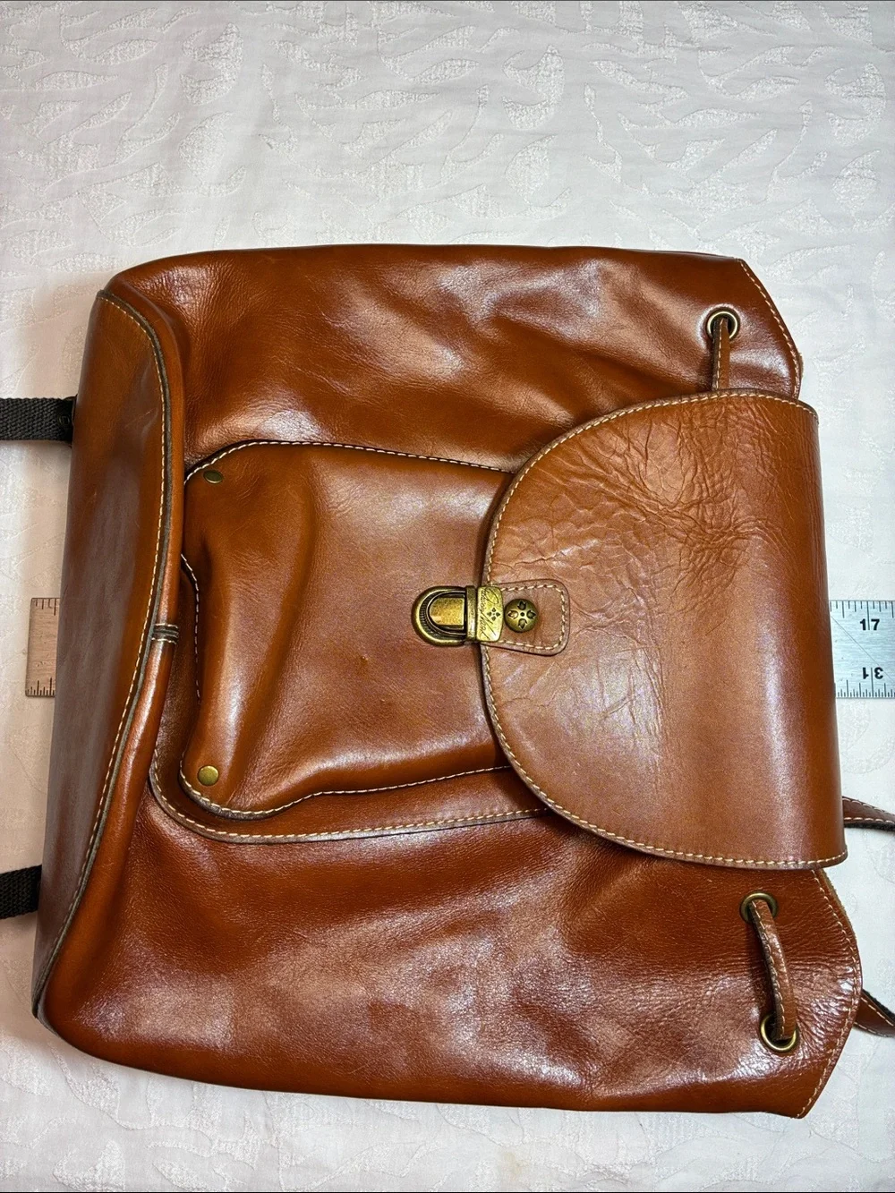 Patricia Nash Cognac Leather Drawstring Backpack with Flap 16inx15in
